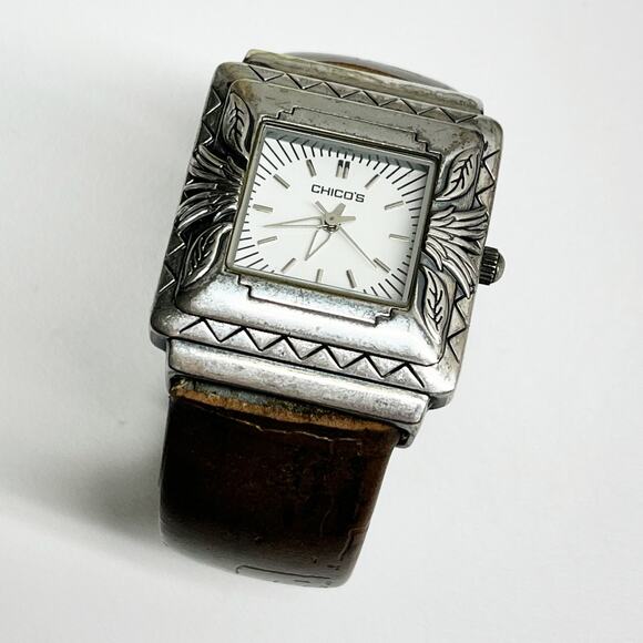 Chico's Silver & Brown Leather Etched Hinge Watch - Picture 4 of 7